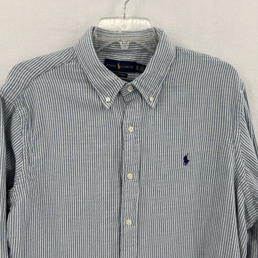 Ralph Lauren Lined Button Up Shirt Size XL Blue White Striped Classic Fit Indigo